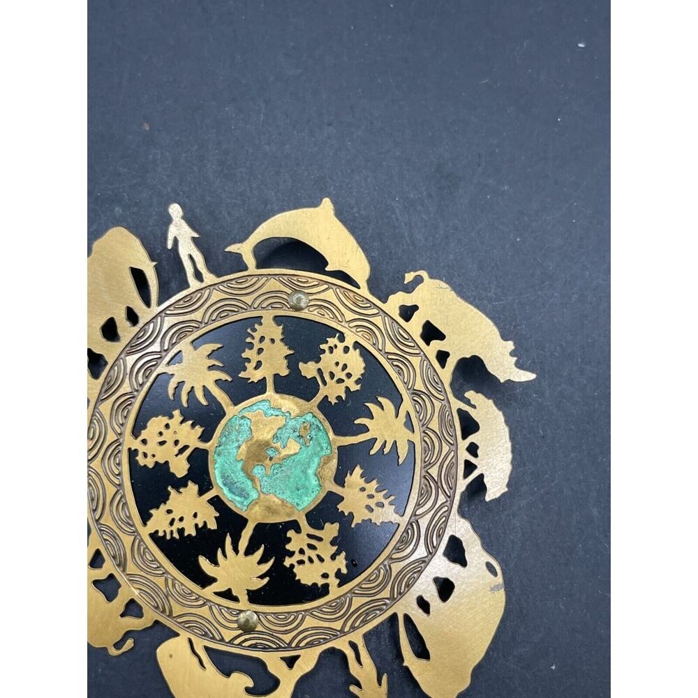 Vintage Signed Silver Forest One World Earth Brass Animal Tree Brooch Pin - Picture 5 of 13